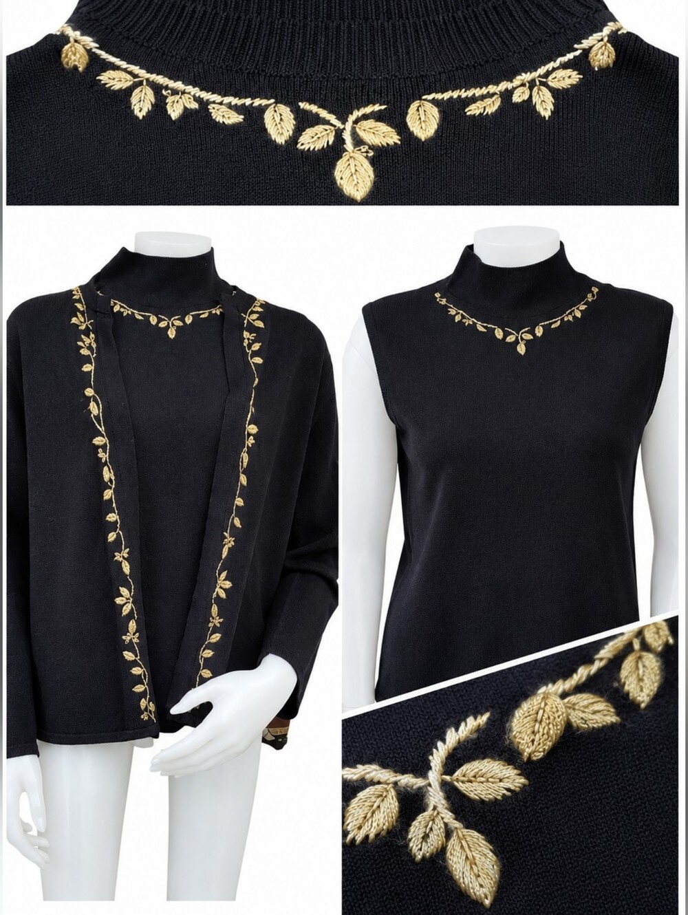 Vintage Black Knit Gold Leaf Embroidered Cardigan Shell Sweater Set M
